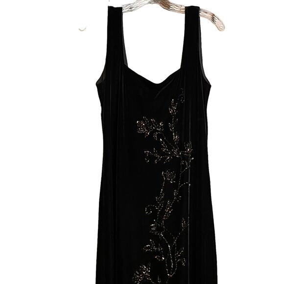 Vintage Womens Dress 12 Black Velvet Jeffrey Dara Long Evening Beaded Side Slits - Picture 4 of 11